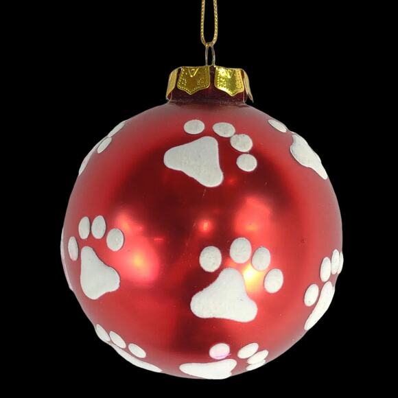 Set of 5 Glass Fuzzy Paw Print Christmas Tree Ornaments, Dog Cat Pet 5" Ball - Picture 3 of 5